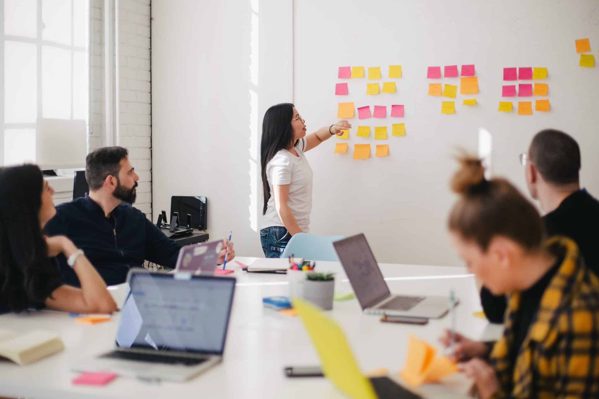 Team working with sticky notes in an ideation session