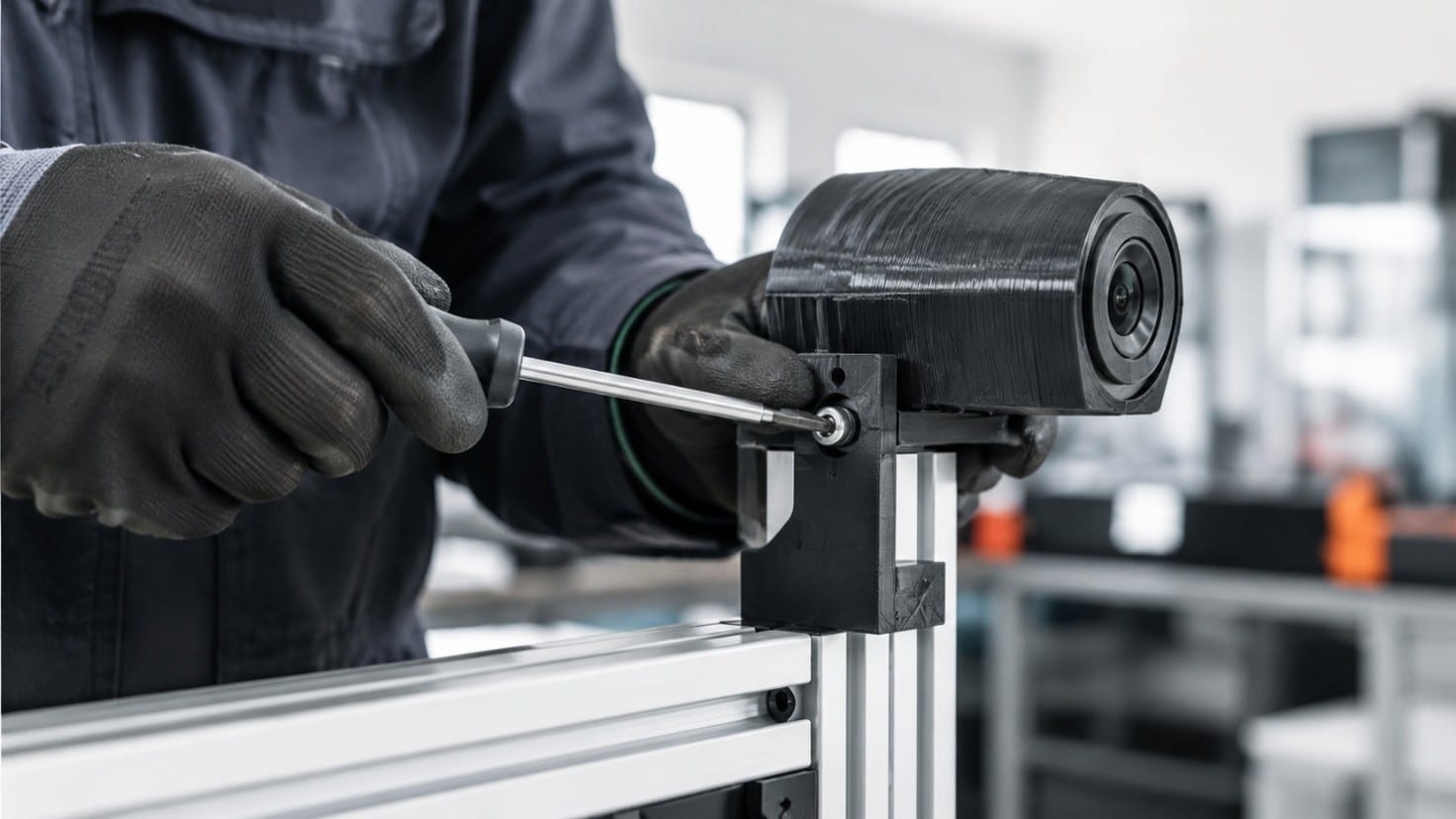 Diseño y fabricación a medida de soportes de cámaras para robots colaborativos Soporte de cámara impreso en 3D para robot colaborativo montado en perfil de aluminio