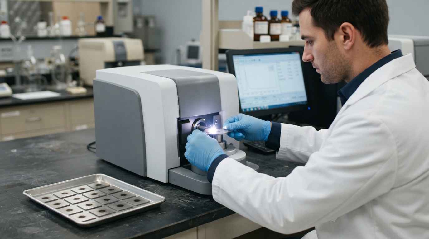 Nonconforming batch analysis, what to measure and how to prove it Laboratory technician clamping a specimen on a spark spectrometer, the technique that measures the carbon in steel