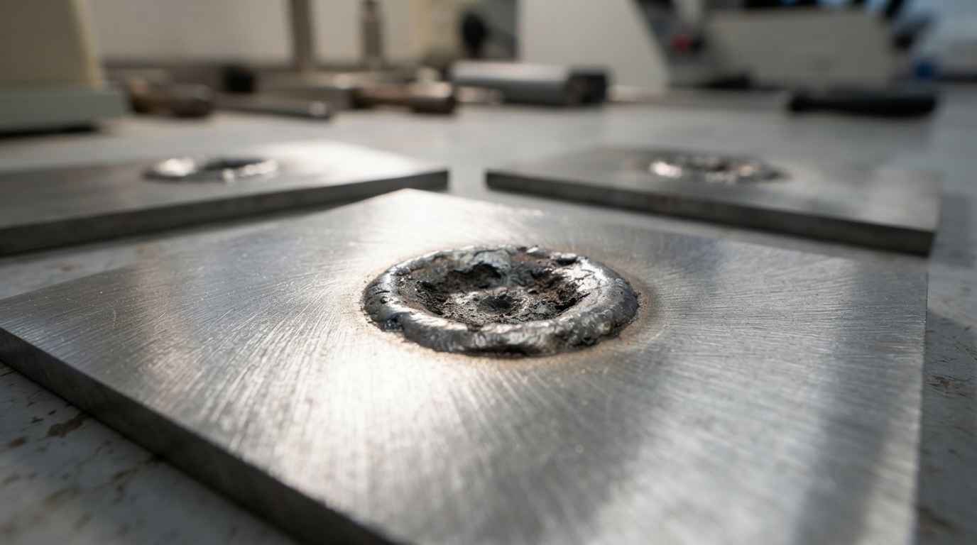 Alloy identification, which technique to use in each case Close-up of the burn mark left by spark spectrometry on the prepared area of a steel specimen under raking light
