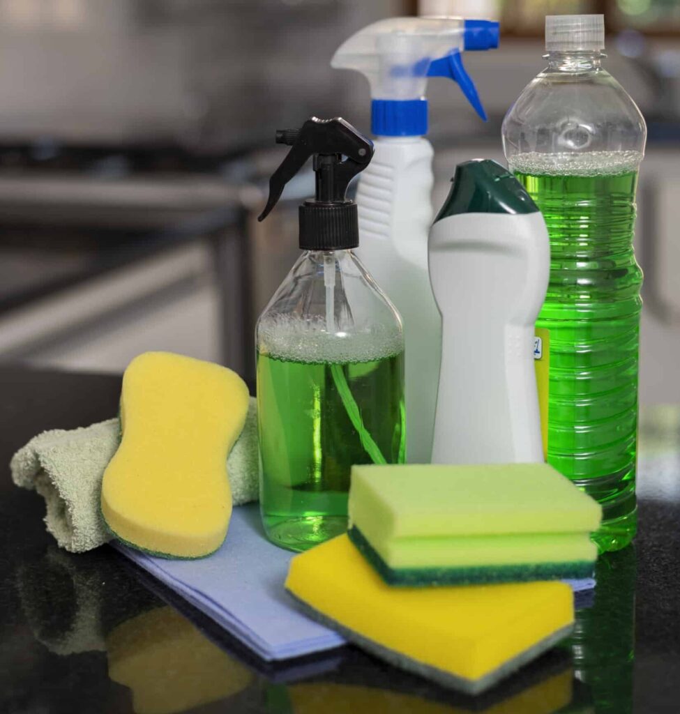 Cleaning products such as liquid detergents and sponges used to evaluate the effect of detergents on surfaces and their chemical compatibility with materials