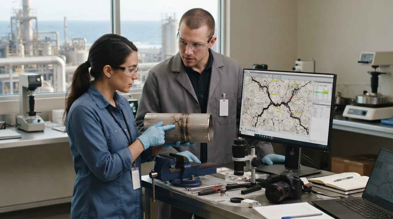 Stress corrosion cracking: engineers analysing a cracked stainless-steel pipe