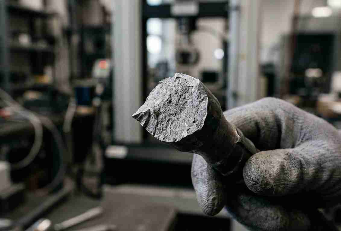 ¿Cómo se diferencia una fractura dúctil de una frágil en la superficie de rotura? Superficie de fractura dúctil fibrosa de copa y cono en un acero