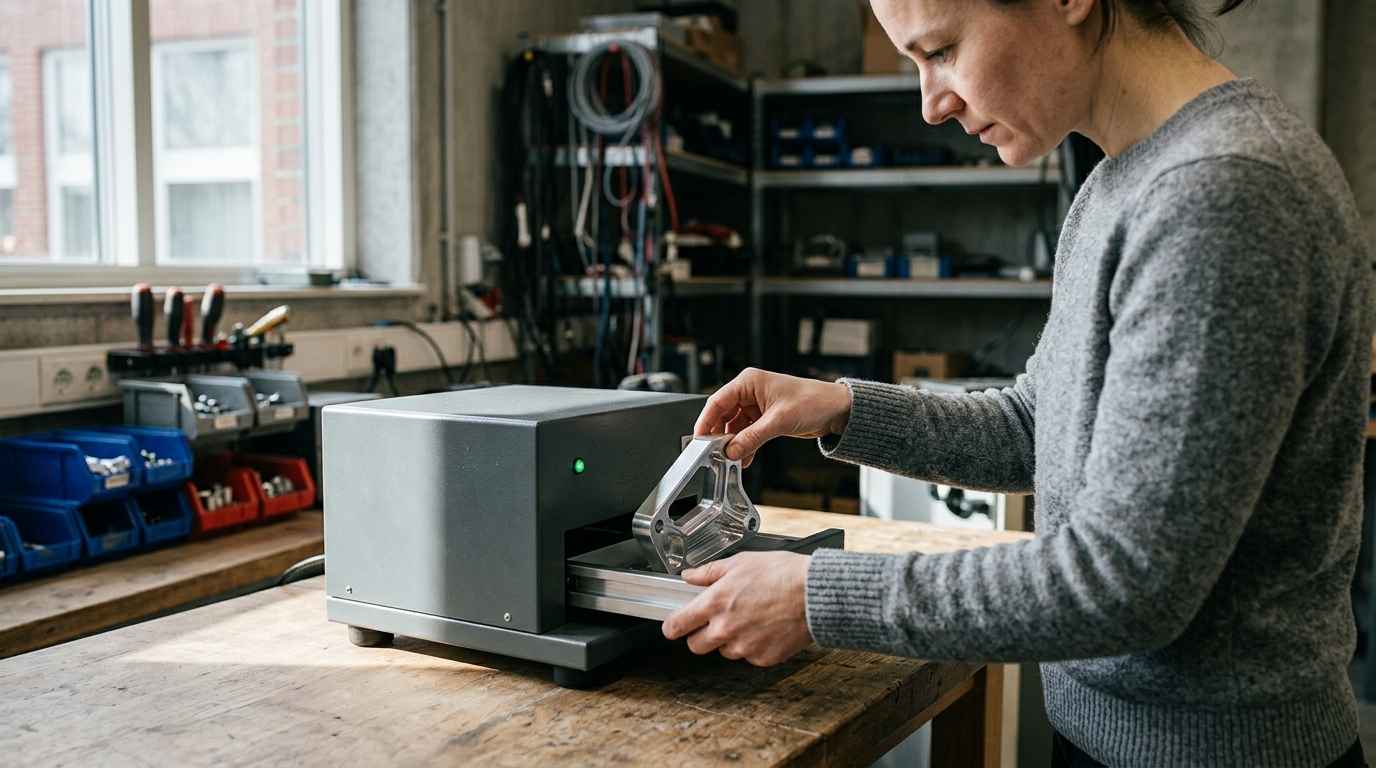 Técnica Mago de Oz, validar la función antes de automatizarla Usuario depositando una brida de aluminio mecanizada en la bandeja del equipo de inspección, con el testigo verde encendido