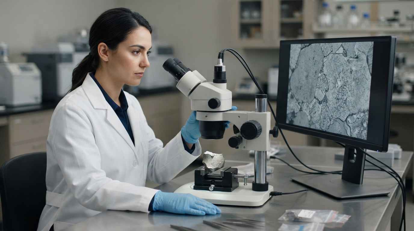 Técnico de laboratorio examinando al microscopio estereoscópico la superficie de fractura de una pieza metálica retirada