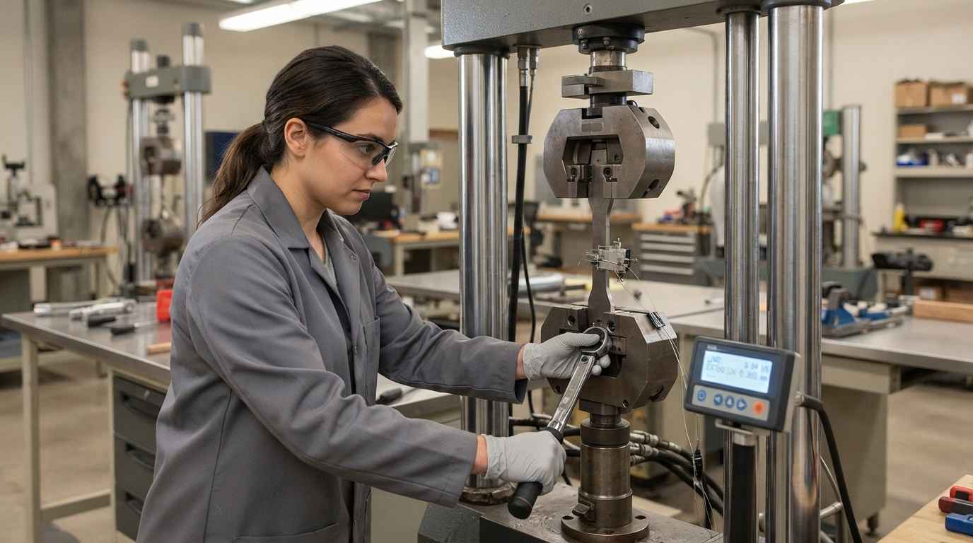 Structural steel acceptance testing, what to confirm before erection Tensile test of a structural steel coupon in the universal testing machine of the materials laboratory on acceptance