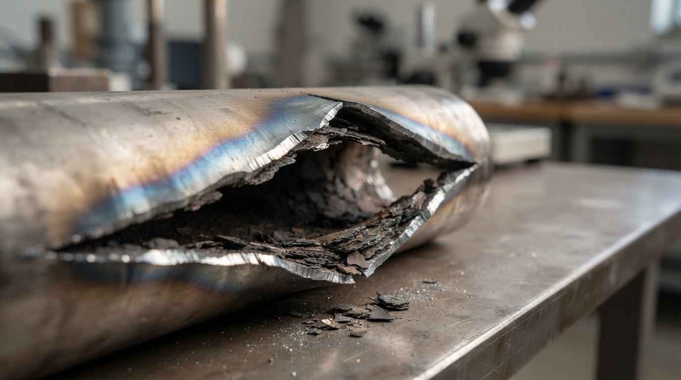 Fallos en componentes de energía por fatiga térmica a presión Tubo de caldera roto con apertura en boca de pez, adelgazamiento de pared y capa gruesa de óxido en el interior