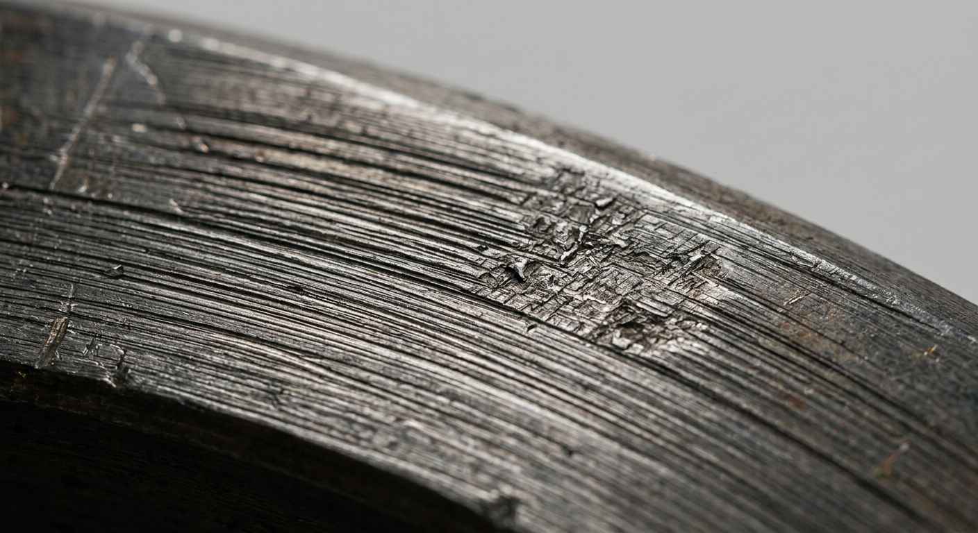 Types of wear in components and how to tell them apart to fix the cause Macro detail of a steel surface with parallel abrasive-wear grooves next to a patch of adhesive scuffing.