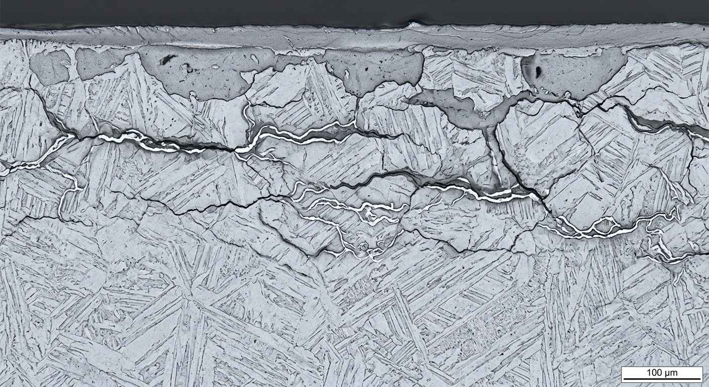 Types of wear in components and how to tell them apart to fix the cause Metallographic cross-section of a bearing surface with subsurface cracks and pitting from contact fatigue.