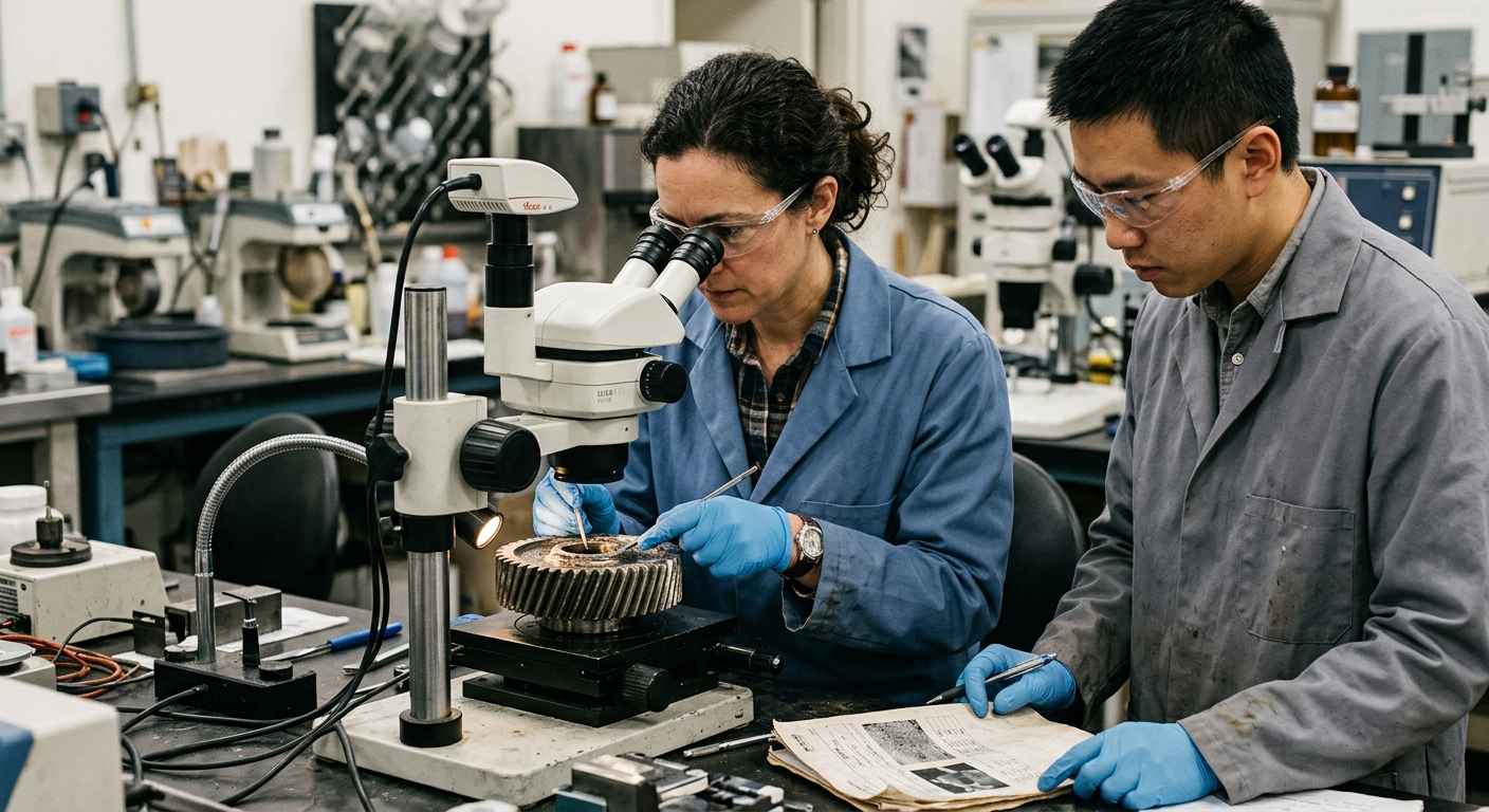 Types of wear in components and how to tell them apart to fix the cause Two engineers examine a worn metal gear under the microscope in a laboratory to identify the type of wear and its cause.