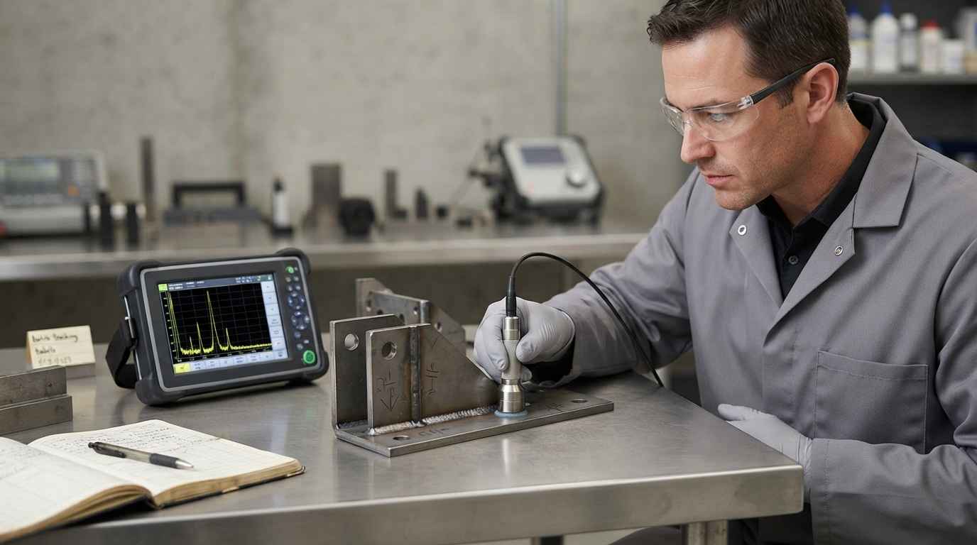 Ultrasonic inspection of a welded joint carried out to locate internal defects before releasing the manufacturing batch