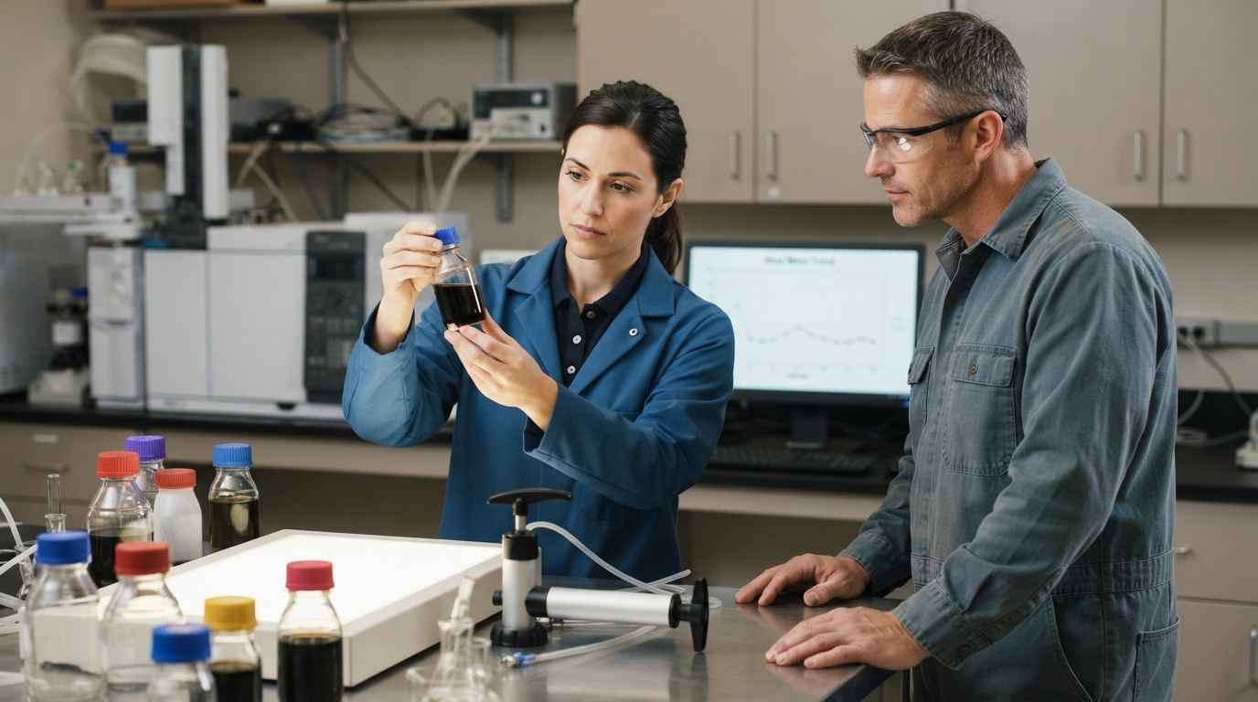 Used oil analysis and the maintenance decision behind each test Used oil analysis, a maintenance engineer and a laboratory technician reviewing a bottled sample of used oil at the bench