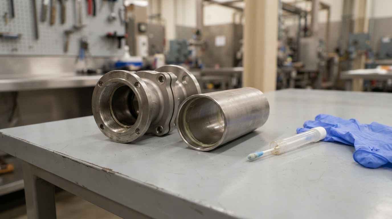 Análisis de contaminantes en la industria química y su origen Cuerpo de válvula y tramo de tubería desmontados con restos de producto seco en el interior, junto al hisopo de muestreo