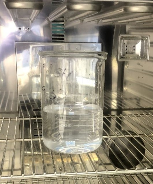 Accelerated lime deposition generation and life testing Beaker of water inside a limescale deposition test chamber